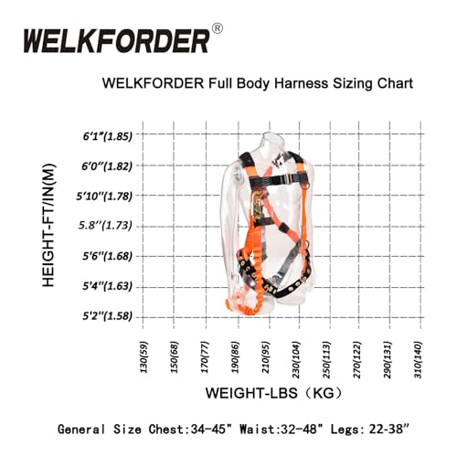 3D-Ring Fall Protection Safety Harness [3pt Adjustment＆Leg Tongue Buckles] with 6-Foot Shock Absorber Stretchable Lanyard [Snap Hook End] | Permanent attached Kit | ANSI Compliant