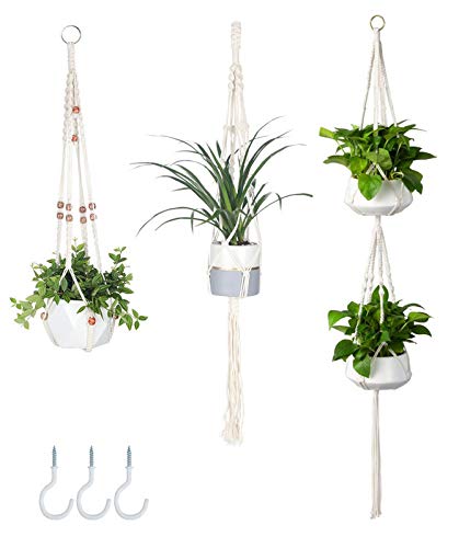 AOMGD 3 Pack Macrame Plant Hanger with 3 Hooks, Different Size Hanging Planters for Indoor Plants Holder for Boho Home Decor,Ivory