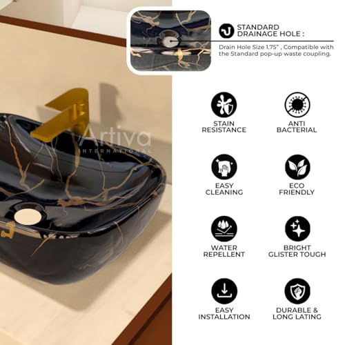 Image of Artiva Small Wash Basin Countertop /Tabletop Ceramic Bathroom Sink /Wash Basin Over Counter /Wash Basin For Bathroom (Porto Black, 10x14 Inch)