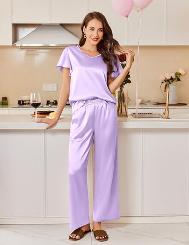 Image of Ekouaer Women's Satin Silky Pajama Set 2 Piece Short Sleeve Shirt with Long Pants Pjs Sets Soft PJ Loungewear S-XXL