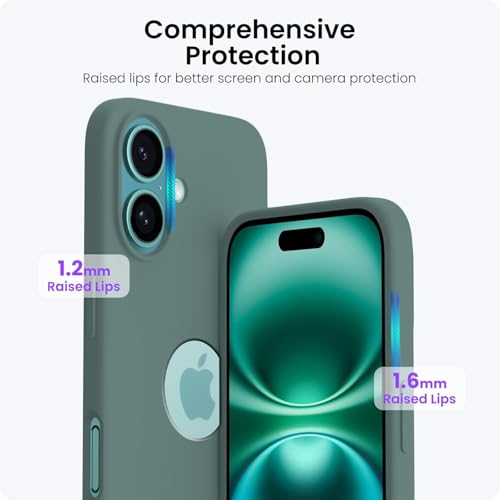 Image of VONZEE Microfiber Logo Cut Cover Compatible with iPhone 16 Plus Case, Liquid Silicone Full Body 4-Layer Protective Cover, Shockproof Back Case with High Raised Camera Lips, Phone Case, Pine Green