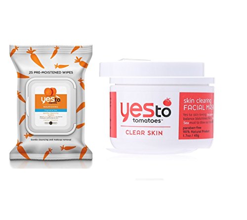Yes To Carrots Fragrance-Free Gentle Cleansing Wipes, 25 Count + Yes To Tomatoes Skin Clearing Facial Mask, 1.7 Fluid Ounce