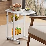 BTGGG Overbed Table with Lockable Wheels, Movable Hospital Bed Table with 2 Storage Shelves, Adjustable 68~85cm Height, Lightweight Over Bed Table for Bed, Sofa, Elderly Care, White