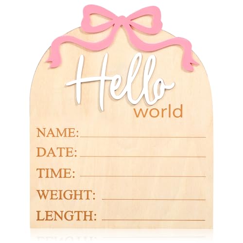 Image of Piriuuo Hello World Newborn Sign, 5.9in Welcome Baby Sign- 3D Pink Bow Birth Announcement Sign for Hospital Hello World Plaques for Photo Props Baby Shower Hospital Nursery