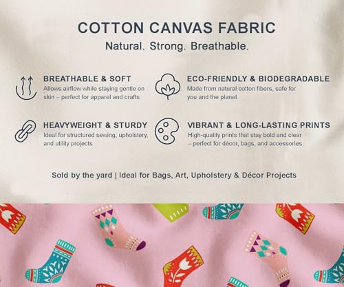 Image of Soimoi Pink Cotton Canvas Fabric Socks & Gloves Folk Art Fabric Prints By Meter 56 Inch Wide