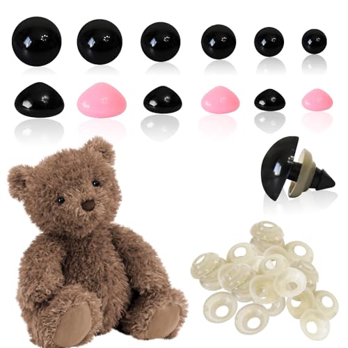 KATIMI 240PCS Safety Eyes for Crochet Toys, DIY Plastic Crochet Eyes, 10-20mm Assorted Sizes Crochet Safety Eyes and Noses with Washers, Black Safety Eyes for Toy Making, for Teddy Bear Plush Toy
