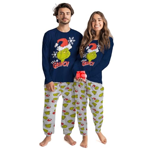 United Labels Grinch Schlafanzug für Damen und Herren Blau Grau XL Pyjama Set lang Schlafanzug Winter Weihnachten