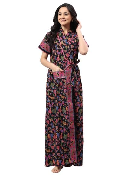 Women Cotton Printed Maxi Nighty | Front Open Night Gown with Pocket | Regular Fit Sleepwear & Housecoat 1002-image-43