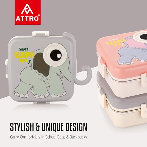 Image of ATTRO Carnival Super Elephant Lunch Box 2 Layer Stainless Steel Lunch Box Comes with 1 Detachable Tray, 1 Small Container & 1 Spoon Ideal for Kids BPA Free 1120ml+70ml- Grey
