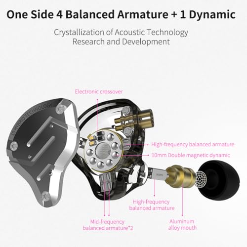 TKZK TK02 インイヤーモニター 有線ヘッドホン 1DD 4BA メタルiem ハイファイゲームイヤホン 2ピン絡まないケーブル ノイズキャンセリング 有線イヤホン PCゲーム/ミュージックビデオ用 ブラック マイクなし