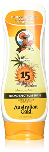 Australian Gold Sunscreen Lotion, Moisture Max, Infused with Aloe Vera, Broad Spectrum, Water Resistant, Cruelty Free, Paraben Free, PABA Free, Oil Free, Dye Free, Alcohol Free, SPF 15, 8 Ounce