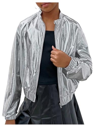 Verdusa Girl's Metallic Zip Up Jacket Mock Neck Long Sleeve Drop Shoulder Jacket Outerwear