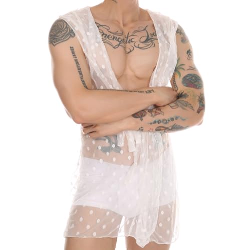 Men's See Through Sleepwear Sexy Nightwear Sheer Maxi Robe Home Daily Pajamas3