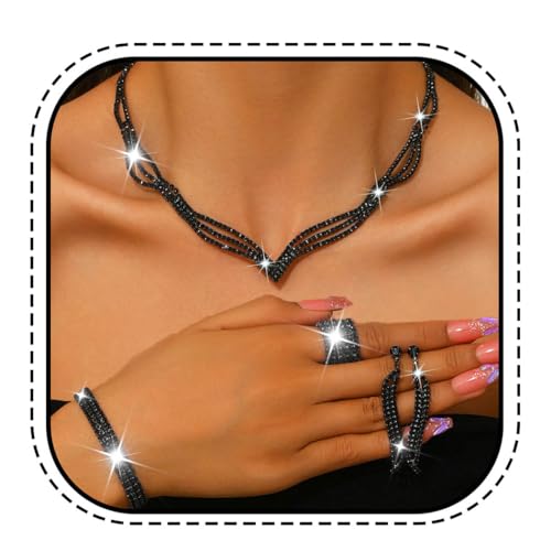 Unicra Rhinestone Bridal Wedding Jewelry Sets Black Necklace Earrings Bracelet Ring Set Prom Formal Costume Jewelry Set for Women and Brides (Black)