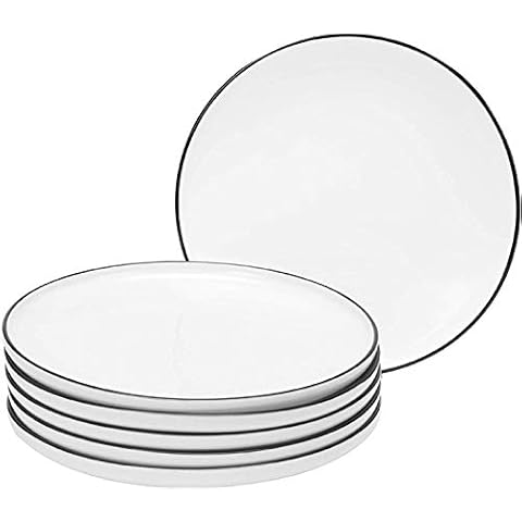 BonNoces 8 Inch Porcelain Lunch Plates, White with Black Edges Dessert Plate, Classic Round Serving Plate for Steak, Pasta and Salad, Set of 6 Cover
