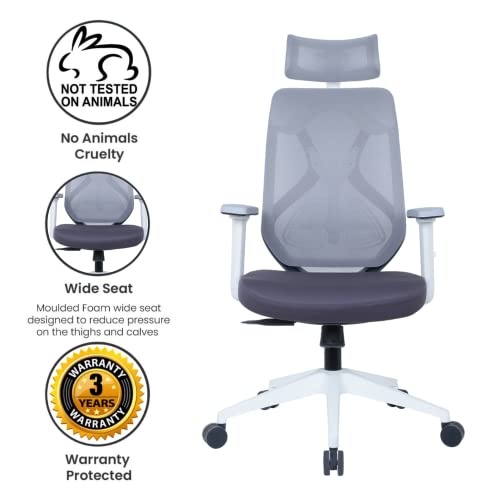 Image of ErgoLab Glider Eco Office Chair | 3 Year Warranty | High Back Ergonomic Mesh Chair for Office Work at Home, Revolving Computer Chair Cushion Seat and Adjustable Height and 1D Armrests - White Grey