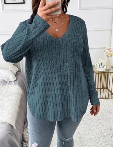 Image of Koscacy Women Plus Size Casual Knit Sweater V Neck Solid Color Tops Lightweight Long Sleeve Blouses