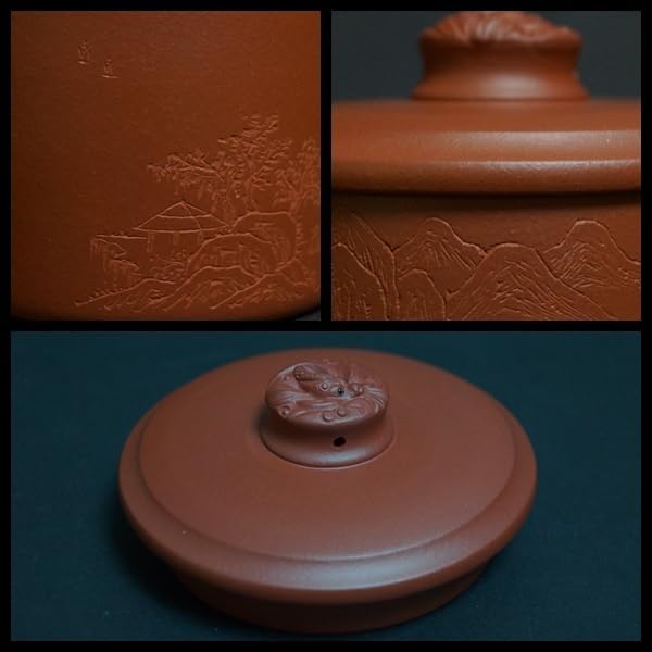 閑茶道具工芸美術師 許海中造 朱泥茶器 細密彫り山水風景図