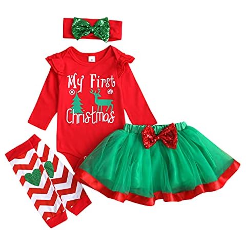 APAELEA 4pcs Baby Girl Christmas Outfits My 1st Christmas Romper Tutu Skirt Clothes Set,Green,6-9 Months Cover