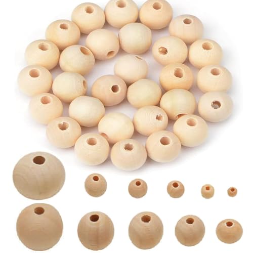 Febsow Natur Holzkugeln zum Auffädeln 50 Stück 30mm Holzperlen Natur für Makramee Holzkugeln mit Loch Holzperlen Rund für DIY Bastelarbeiten Dekorationen Schmuck Armband Halskette Glückswürmchen