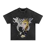 Zhongkaihua Alice Zuberg and Yuuki Asuna - Camiseta de manga corta con estampado de anime gris lavado antiguo retro suelto para hombre y mujer, Tipo 1, XXL