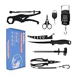 RAWILL Fishing Kit,Filleting Knife,Hook Remover,Fish Grip, Line Cutter,Fishing Scale, Pliers with Lanyards,Not Include Batteries.As A Gift for Anglers,Black