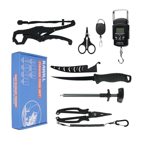 RAWILL Fishing Kit,Filleting Knife,Hook Remover,Fish Grip, Line Cutter,Fishing Scale, Pliers with Lanyards,Not Include Batteries.As A Gift for Anglers,Black