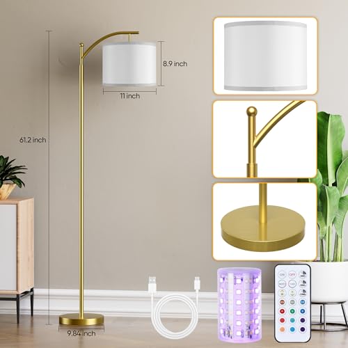 Image of Battery Operated Floor Lamp, RGB Dimmable Cordless Standing Lamp with Remote Control for Living Room, Tall Floor Lamp for Bedroom -Gold