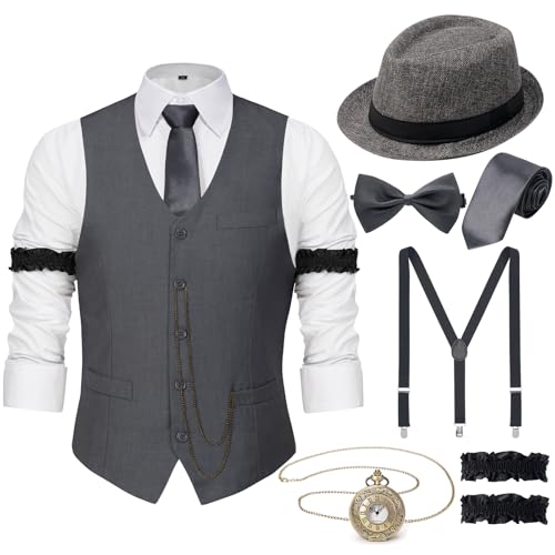 YESSA 1920s Mens Costume,Roaring 20s Costumes for Men,Gatsby Costume Men,1920s Mens Outfit Hat Vest Pocket Watch Tie