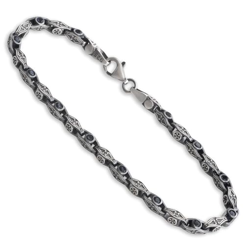 925 Sterling Silver Evil Eye Bracelets for Men - Unique Vintage Style Design Hand Chain Bracelet with Black Stones Cubic Zirconia - Wide 5 mm - Protective Jewelry - Handmade
