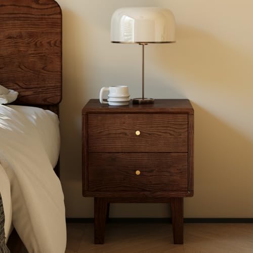 Vadisun Solid Oak Wood Nightstand with 2 Drawers, Walnut Bedside