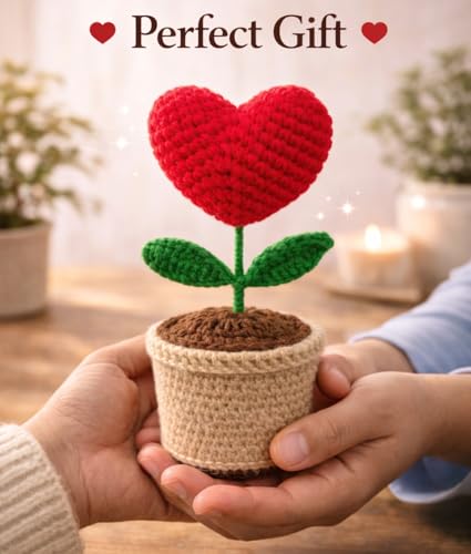 Image of Handcrafted Crochet Flower Pot | 7 Inch Handmade Wool Flower Plant | Premium Soft Yarn Decor | Cute Desk & Home Decoration | Unique Gift for Birthday, Anniversary & Valentine (Heart)