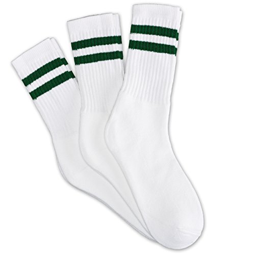 Impress'D Clothing 12 Pairs white unisex crew socks with two hunter green stripes classic retro old school