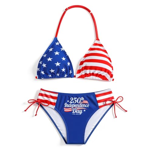 MIENOE Teen Girls Patriotic Bikini Set Size 14-15 Years | Halter Neck Open Back Two Piece Swimsuit | American Flag + 4th of July 250th Anniversary 2026 | Adjustable Fade-Proof