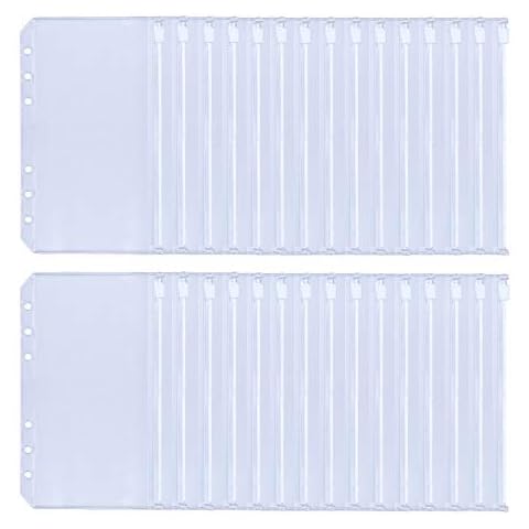 HAUTOCO 30PCS A6 6-Holes Punched Binder Pockets Waterproof PVC Budget Cash Envelopes with Zipper Binder Pouches for A6 Notebook Budget Binder Cover