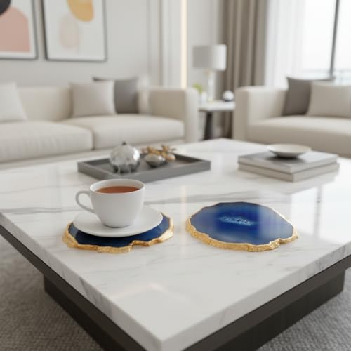 Image of Brazilian Blue Agate Stone Coaster Set of 2, Beautiful Handmade Coasters Fit for Tea Cups, Coffee Mugs and Glasses, Table Accessories and Premium Tableware Decor for Home and Office