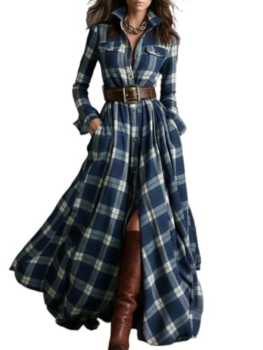 Women's Plaid Maxi Dress, Long Sleeve Button Down A-Line Flowy with Pockets