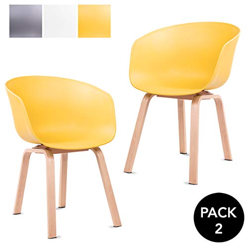 Mc Haus ERIKA - Lot de 2 Chaises Salle à Manger Style Nordique Jaune Moutarde Chaise avec Accoudoirs Design Contemporain Fauteuil Salon Cuisine avec Pieds en Métal à Effet Bois 51 x 55 x 75 cm