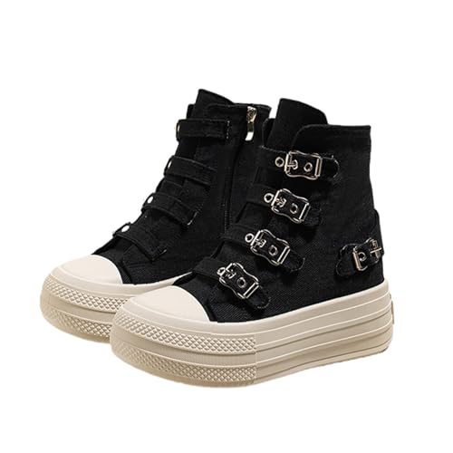 Women's Platform High Top Sneakers High Top Canvas Shoes Thick Sole Side Zipper Fashion Walking Shoes (Black,7)