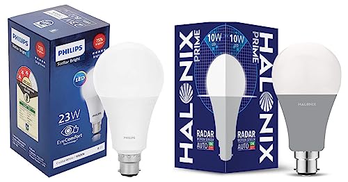 Image of PHILIPS Stellar Bright 23W B22 LED Bulb,2300lm,Cool Daylight,Pack of 1 & Halonix Radar 10W B22 Cool day white Motion Sensor Led Bulb, Auto on-Auto off, Pack of 1, White