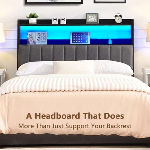 Image of anwickjeff Headboard for Queen Size Bed with 2-Tier Storage, Upholstered Headboards with Outlets, USB Ports and LED Light,Head Board Only, Height Adjustable, Sturdy and Stable (Queen)