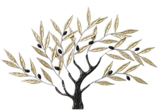 Wanddeko Metall Olivenbaum - Wandskulptur Mediterraner Baum 66,5x47cm - Goldene Blätter und schwarze Oliven für eine natürliche und elegante Wanddekoration