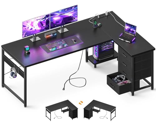 Image of AODK L Shaped Gaming Desk with 4 Drawers, 67 inch Reversible Home Office Desks with Power Outlets, L Shaped Computer Desk with USB Charging Port and Host Stand, Corner Desk, Easy to Assemble, Black