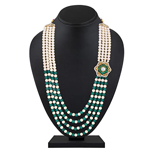 Mahi 4 Layers Green and White Glass Beads Base Groom/Dulha Moti Mala Haar Necklace for Men's (ML1108094GGre)