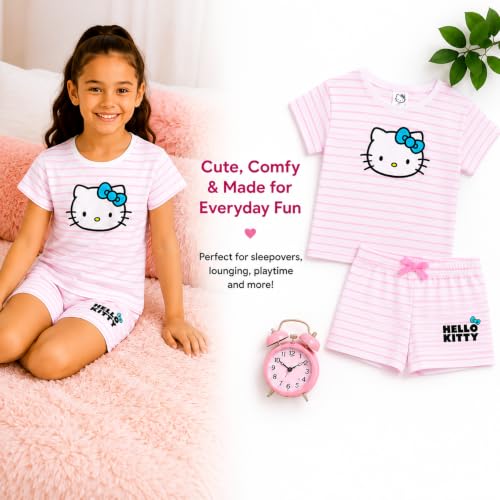 Image of Hello Kitty Girls Short Set - 2 Piece Short Sleeve Graphic Tee and Shorts Clothing Outfits (Sizes: 2T-12)