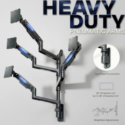 Image of VIVO Quad Ultrawide Wall Mount, Heavy Duty Pneumatic Arm Monitor Station, Fits Four 38 inch Screens, Pneumatic Height Adjustment and 140lb Weight Capacity, Black, MOUNT-V400D