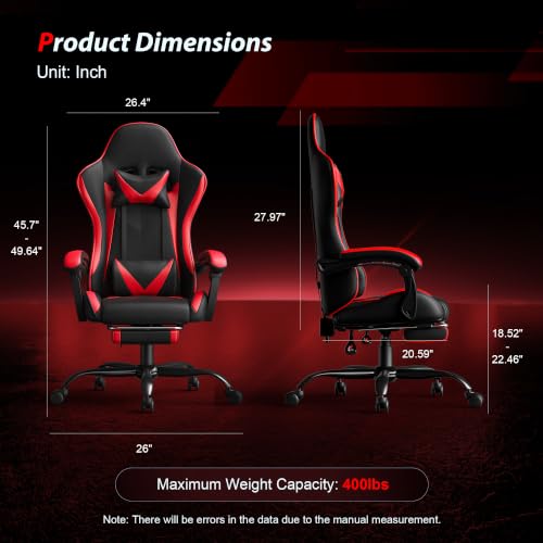 Image of Gaming Chair, Ergonomic Computer Chair with Footrest and Lumbar Support, Height Adjustable Video Game Chair with 360 Swivel Seat and Headrest for Office, Home, Streaming and Gaming (Red)