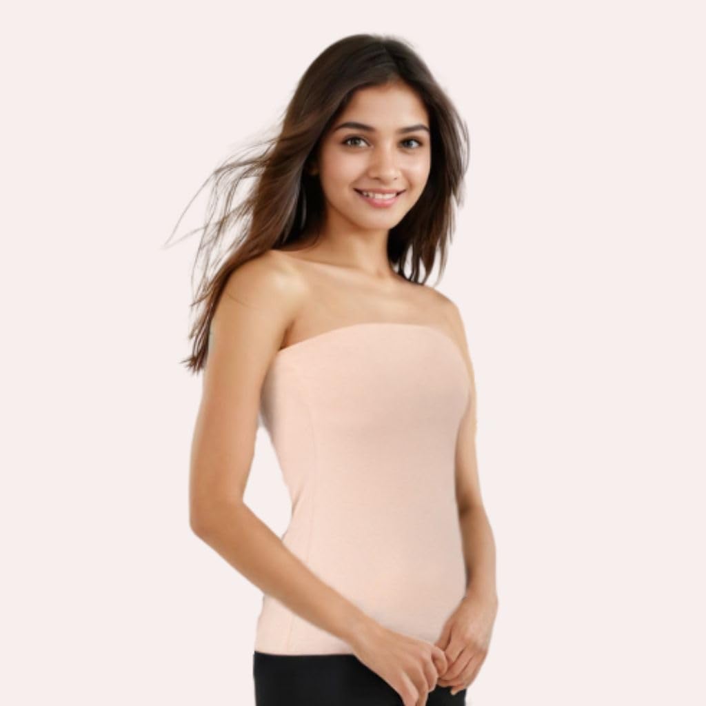 ADIRA | Tube Top | Off-Shoulder Style | Built-in Bra | Secure Anti-Slip Elastic | Comfortable Support | Breathable Cotton Stretch | Modest Full Coverage | Pack of 1 | Skin | S 4