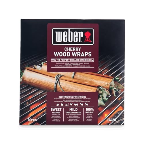Intensità affumicatura media Weber Wood Wraps in Legno di Ciliegio (Pacco da 8) - sottili, fini avvolgenti in legno di ciliegio, per avvolgere carne alla superficie di cottura, aromi leggeri di fumo, 100% legno naturale (17628)