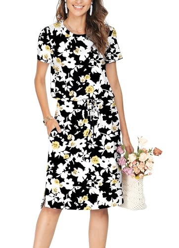 Image of Simier Fariry Womens Summer Short Sleeve Pocket Midi Work Casual Dress Floral White Black L